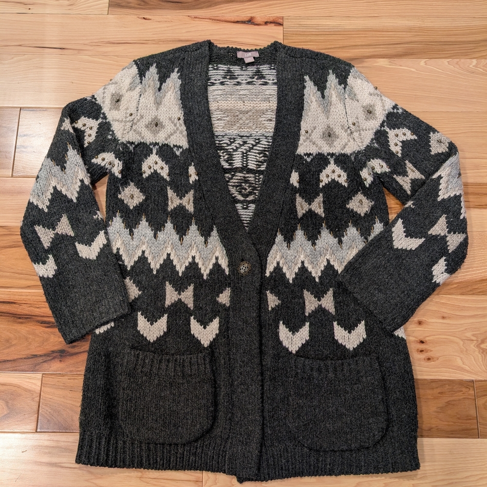 J. Jill Women's Gray Fair Isle Beaded Cardigan Sweater